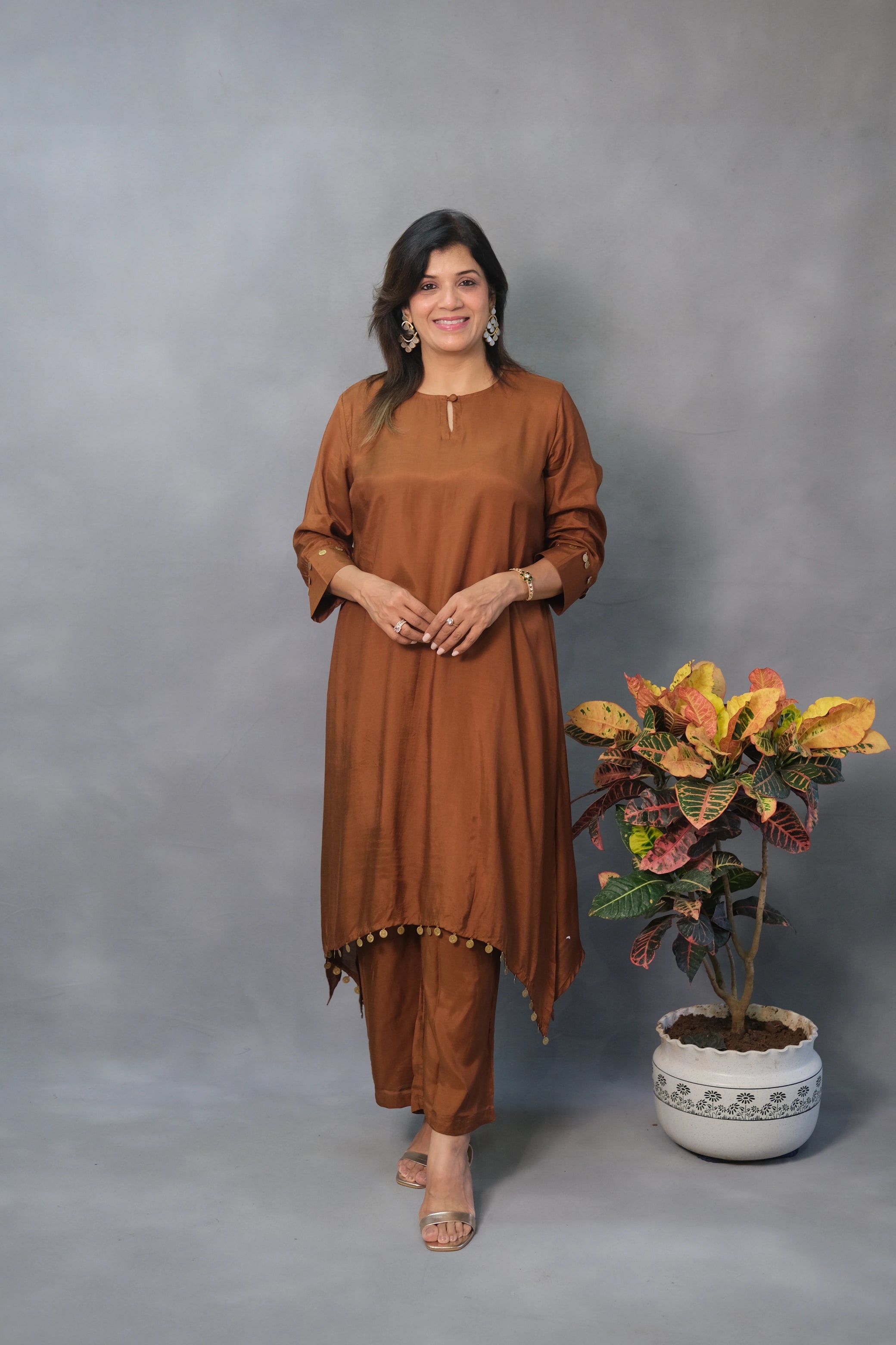Brown Co-ord Set – Coffee Brown Muslin Silk Ensemble for Effortless Elegance