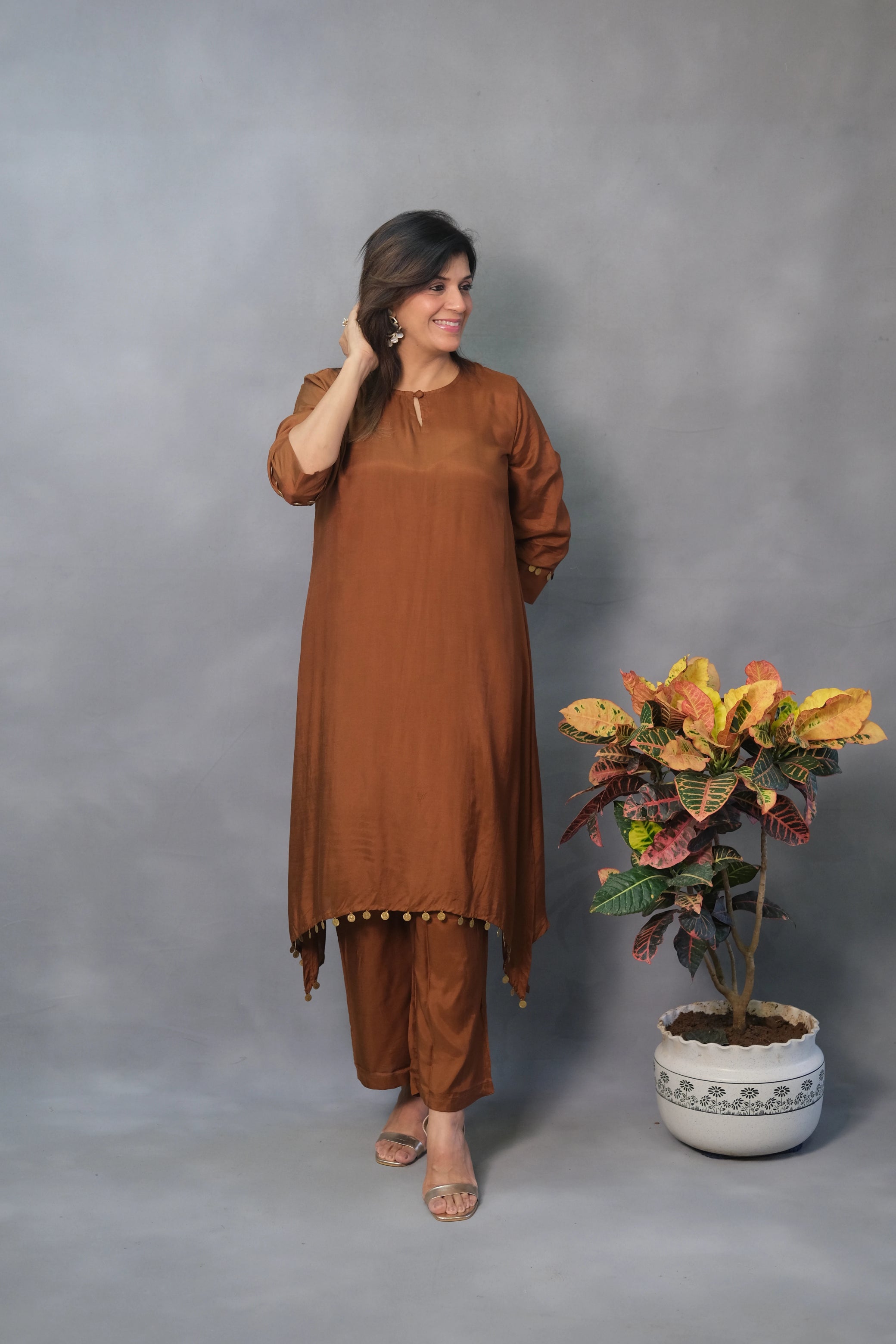 Brown Co-ord Set – Coffee Brown Muslin Silk Ensemble for Effortless Elegance