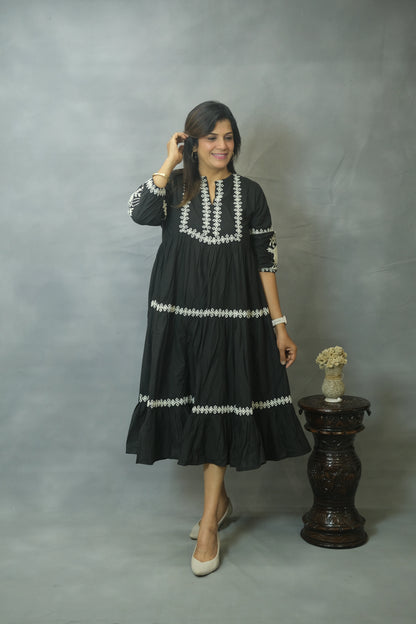 Black Embroidered One Piece with Pockets | Pure Cotton