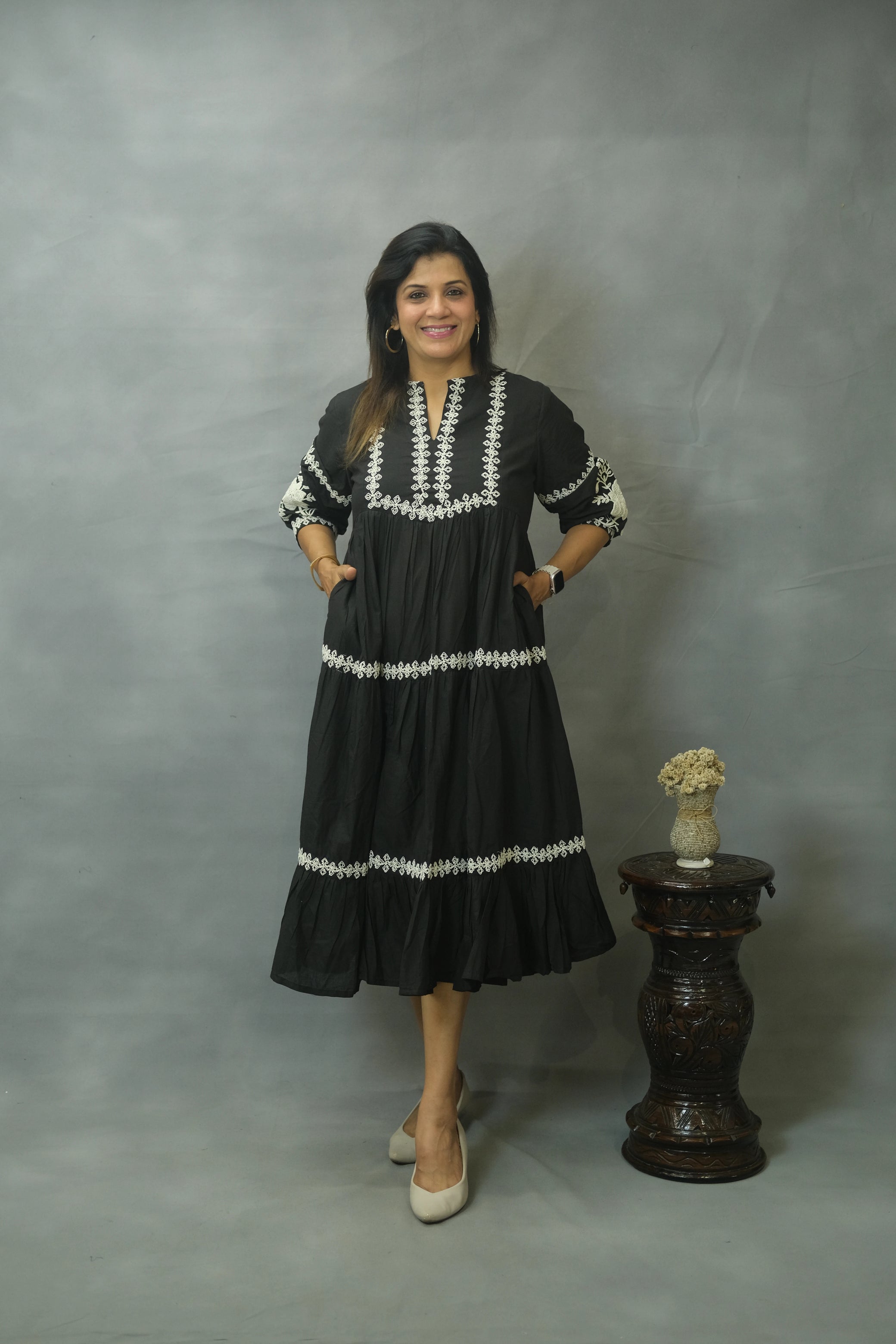 Black Embroidered One Piece with Pockets | Pure Cotton