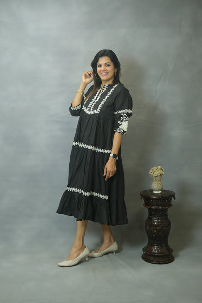 Black Embroidered One Piece with Pockets | Pure Cotton