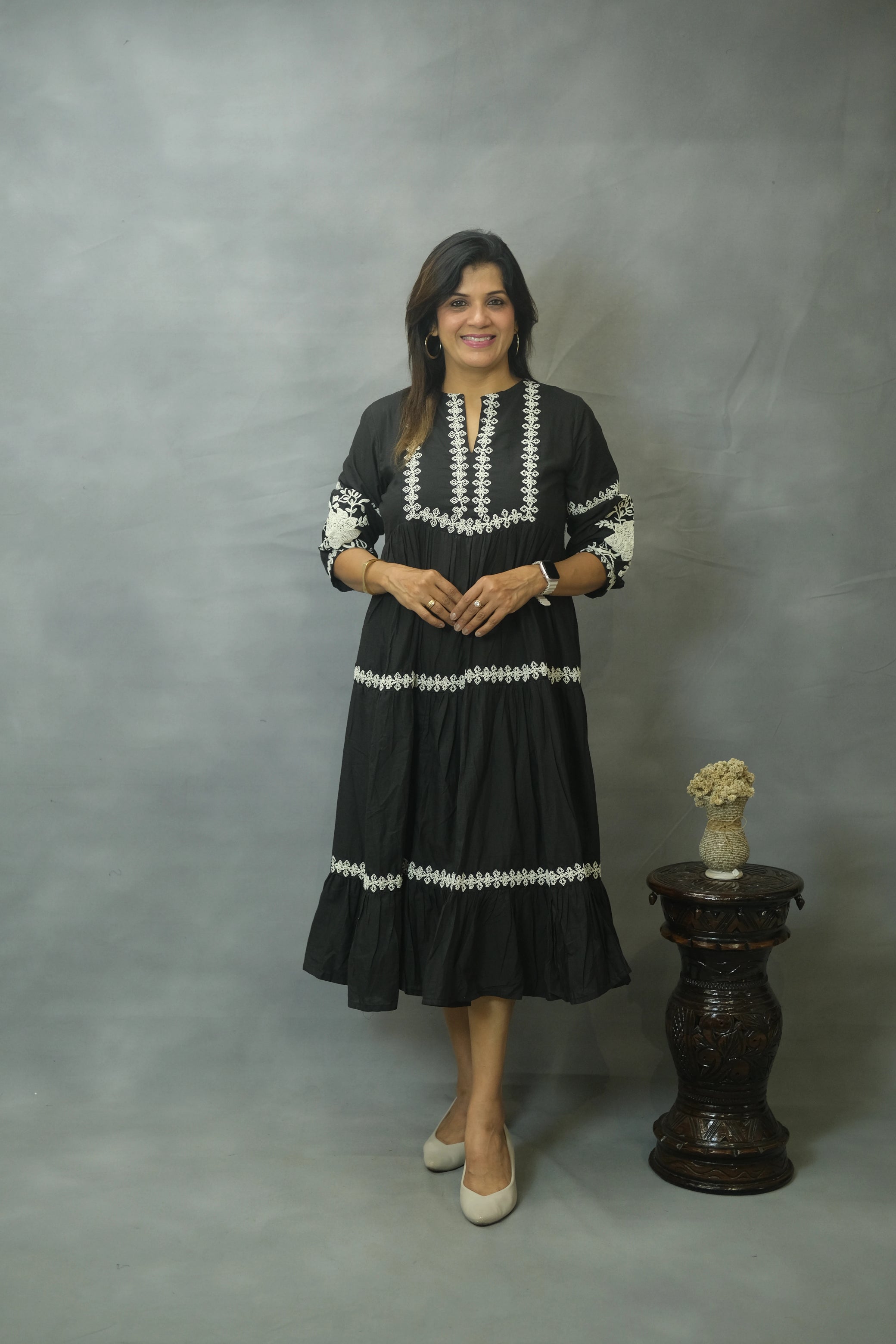 Black Embroidered One Piece with Pockets | Pure Cotton