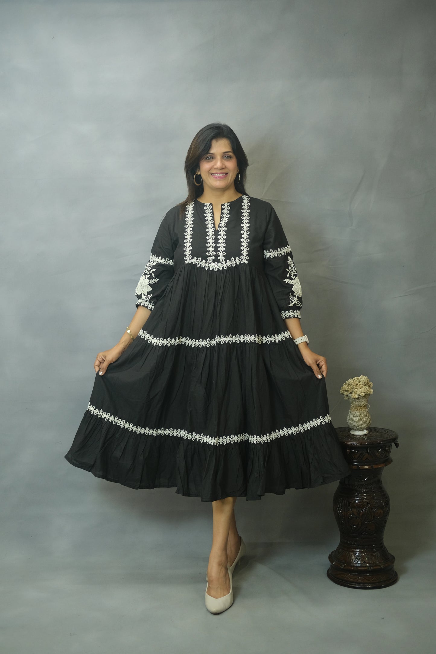 Black Embroidered One Piece with Pockets | Pure Cotton