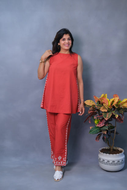 Red Sleeveless Co-ord Set – Pure Cotton Power Dressing for Modern Women