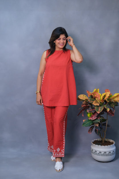 Red Sleeveless Co-ord Set – Pure Cotton Power Dressing for Modern Women