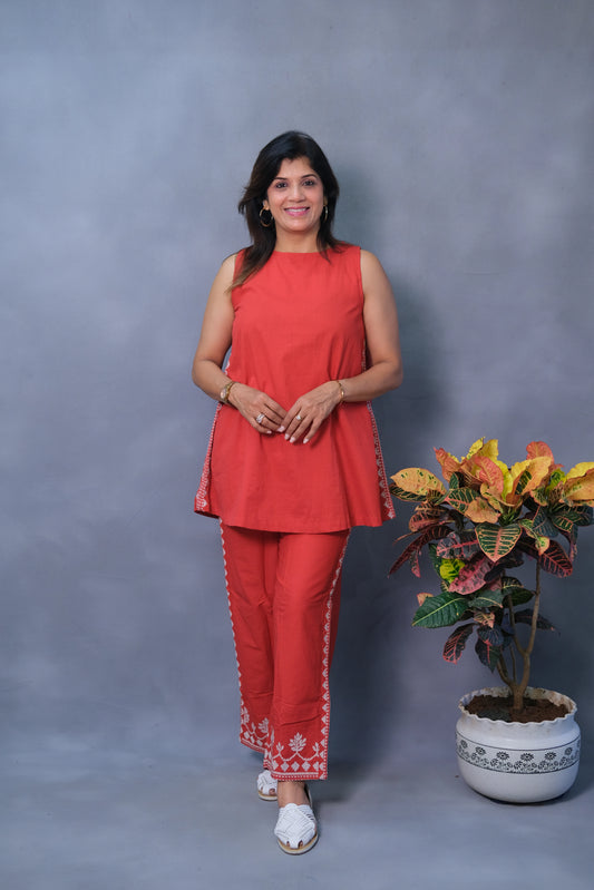 Red Sleeveless Co-ord Set – Pure Cotton Power Dressing for Modern Women