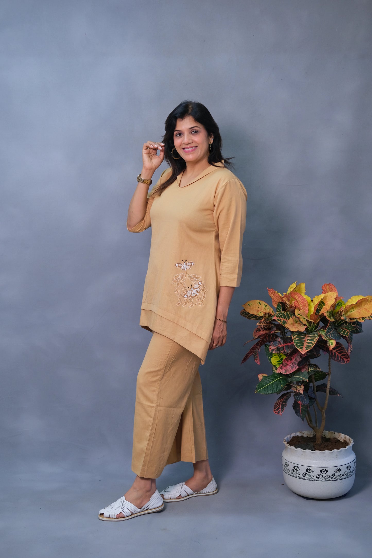 Beige Co-ord Set – Embroidered Flex Cotton Elegance for Modern Women