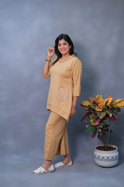 Beige Co-ord Set – Embroidered Flex Cotton Elegance for Modern Women