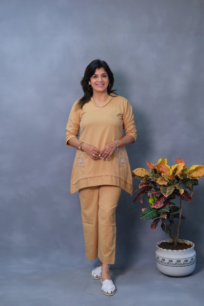 Beige Co-ord Set – Embroidered Flex Cotton Elegance for Modern Women