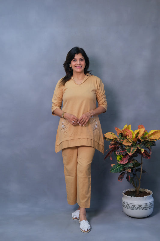 Beige Co-ord Set – Embroidered Flex Cotton Elegance for Modern Women