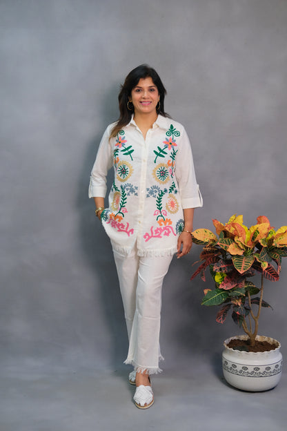 White Co-ord Set with Multicolor Thread Work – in Pure Cotton