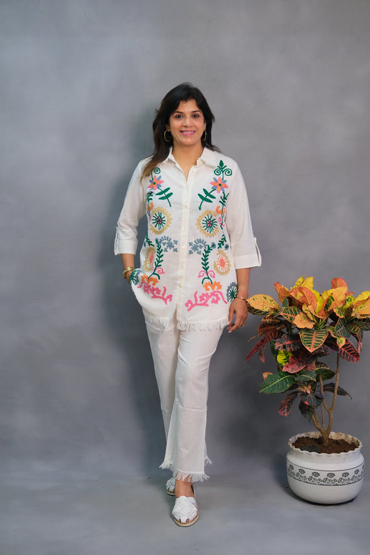 White Co-ord Set with Multicolor Thread Work – in Pure Cotton
