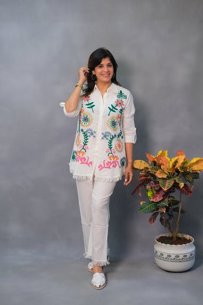 White Co-ord Set with Multicolor Thread Work – in Pure Cotton