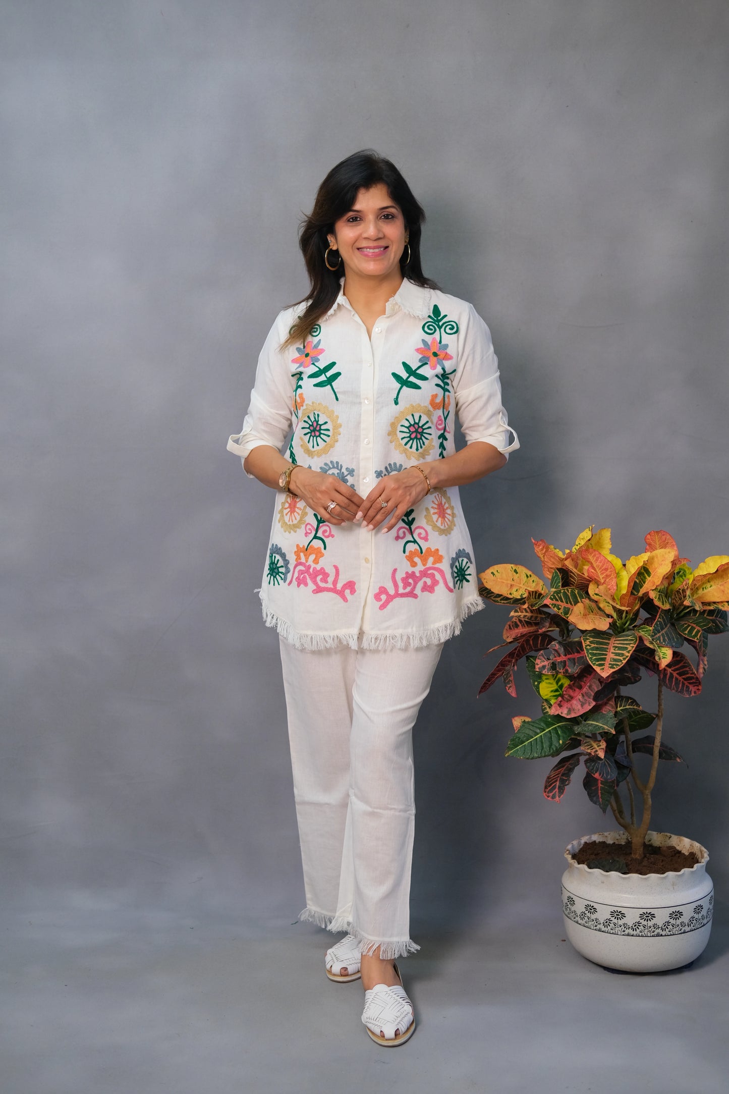 White Co-ord Set with Multicolor Thread Work – in Pure Cotton