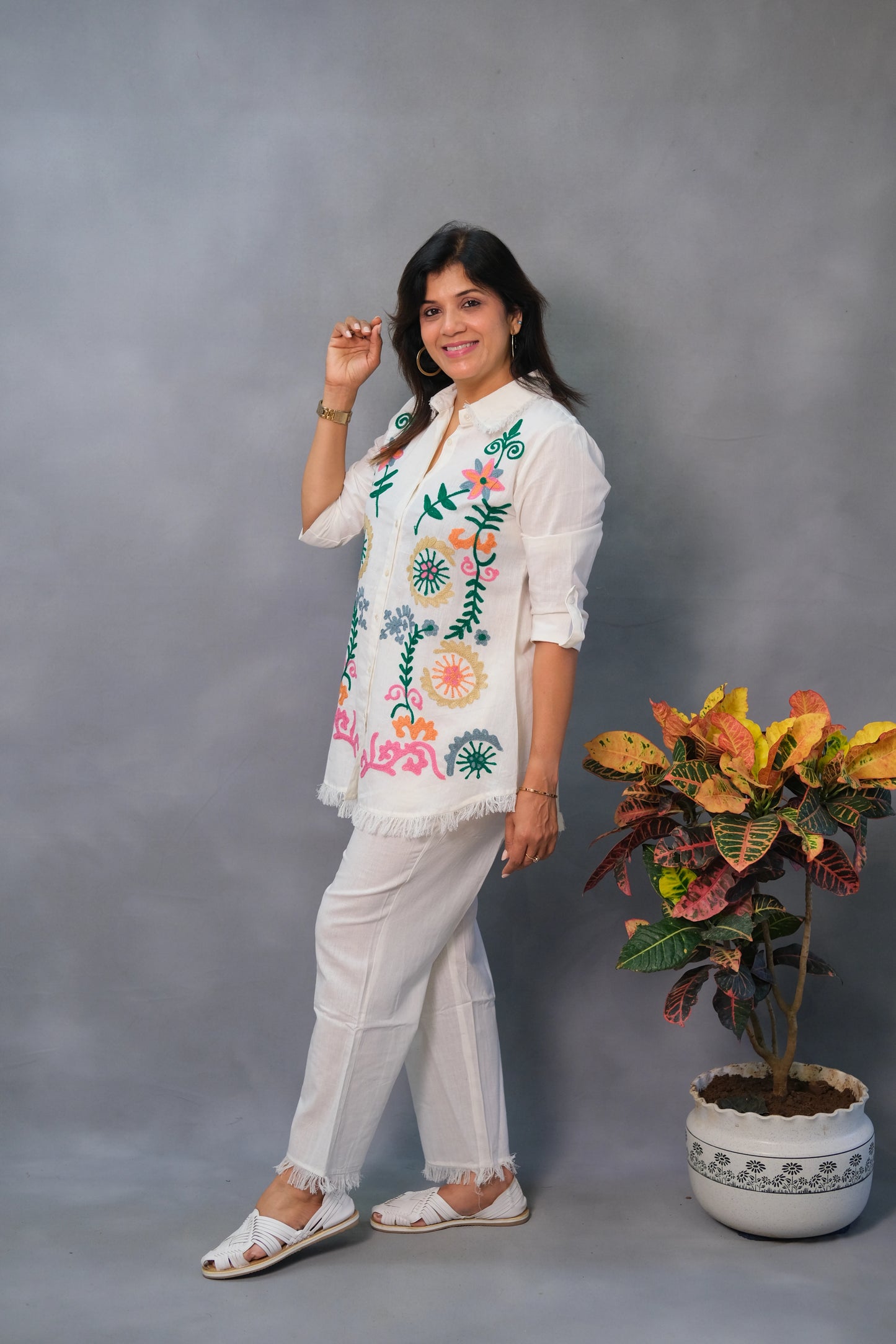White Co-ord Set with Multicolor Thread Work – in Pure Cotton