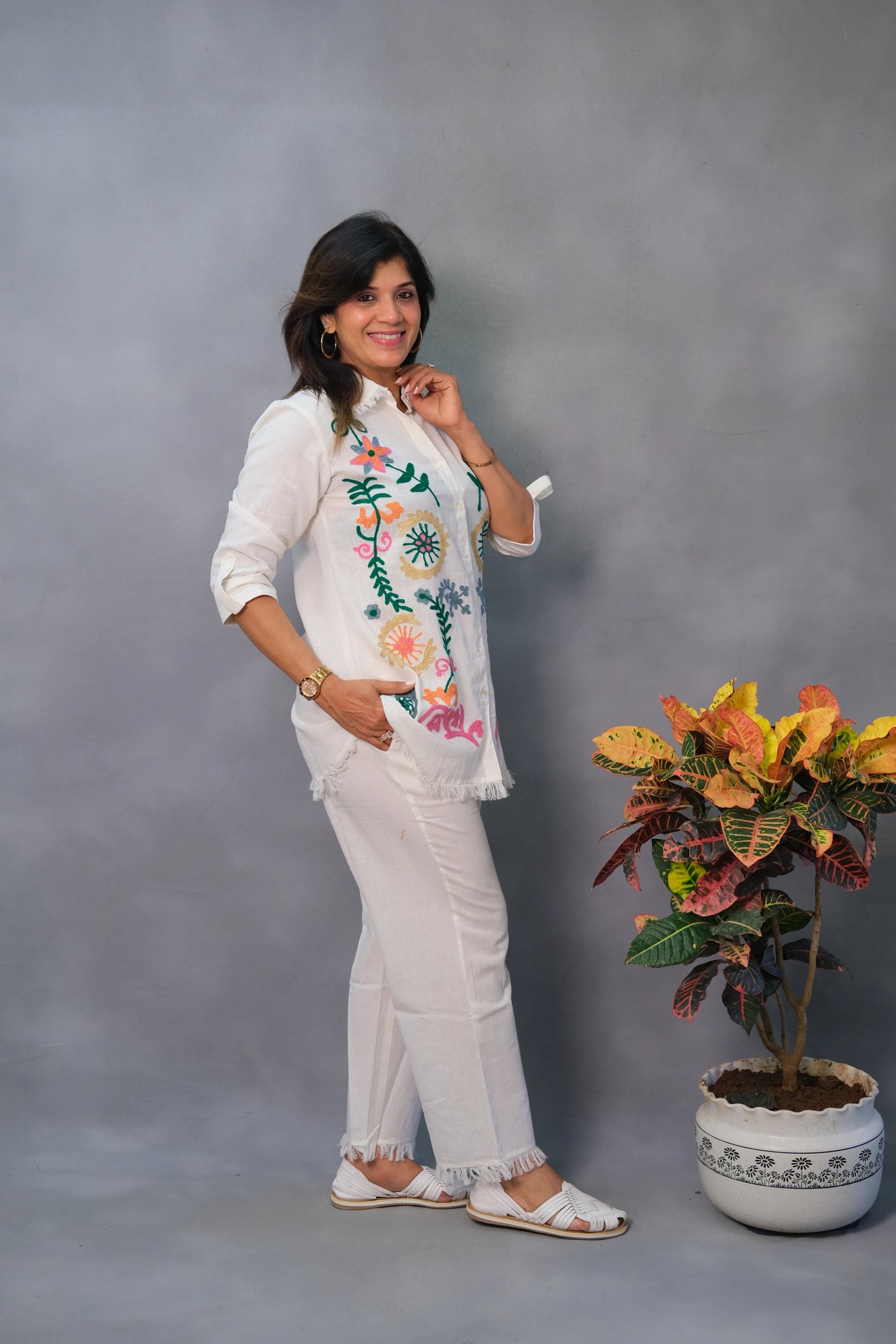 White Co-ord Set with Multicolor Thread Work – in Pure Cotton