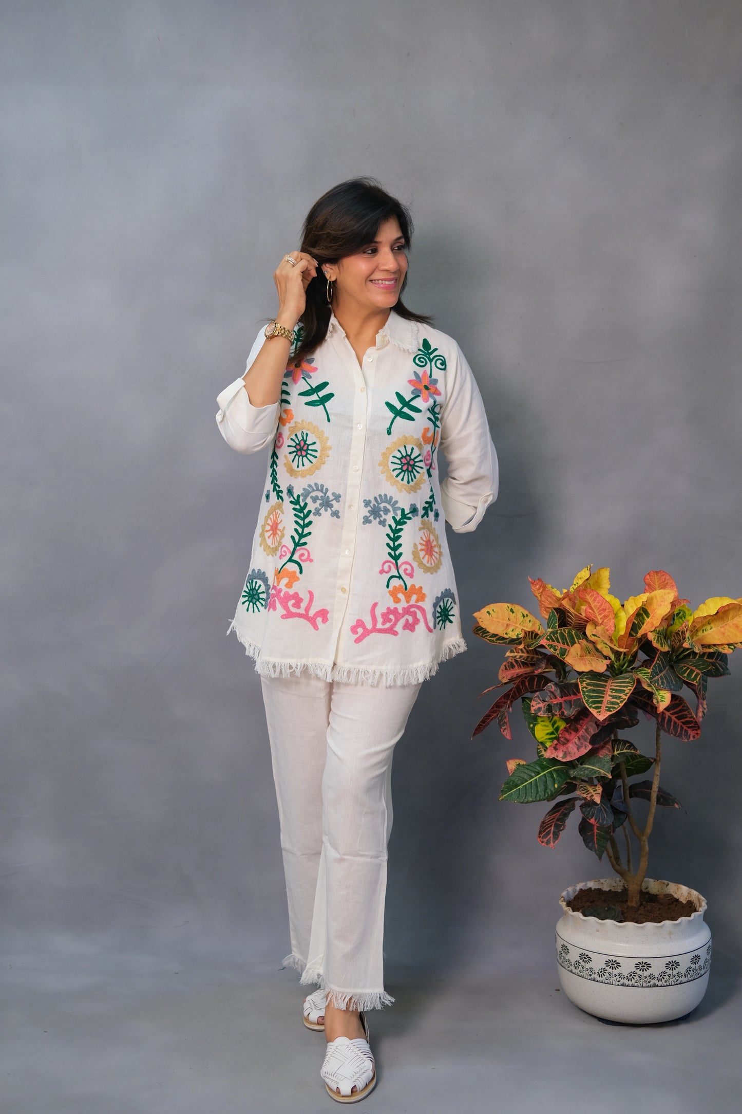 White Co-ord Set with Multicolor Thread Work – in Pure Cotton
