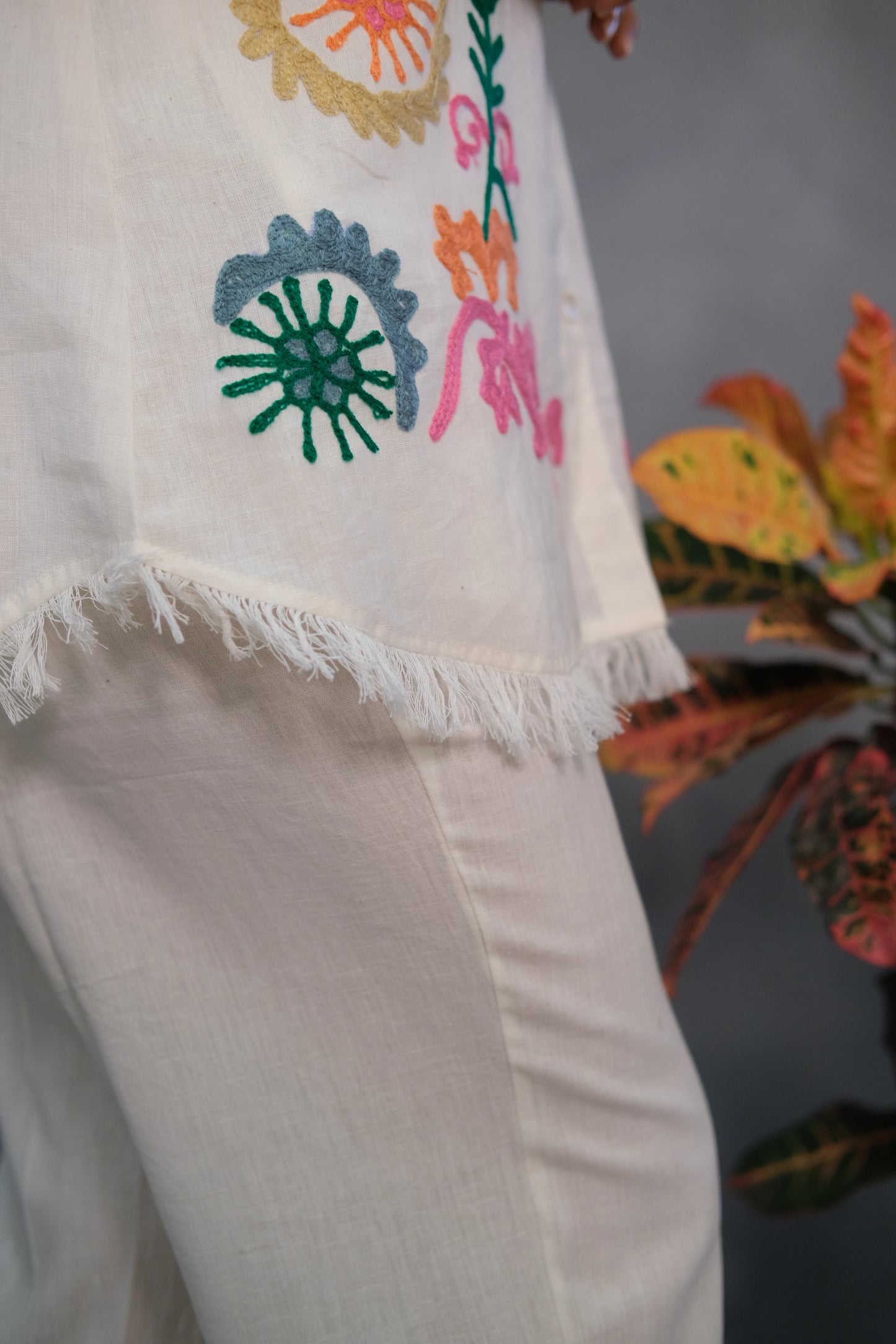 White Co-ord Set with Multicolor Thread Work – in Pure Cotton