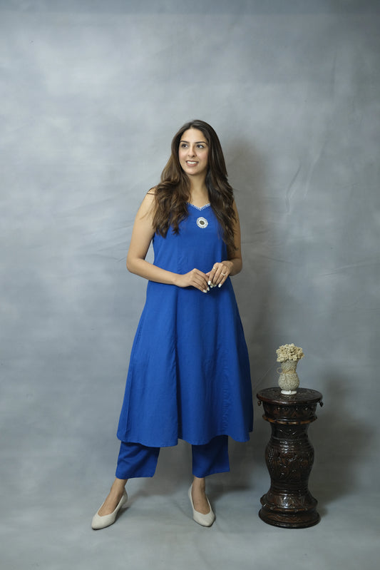 Blue Sleeveless Spaghetti Kurta Pant Set | Flex Cotton
