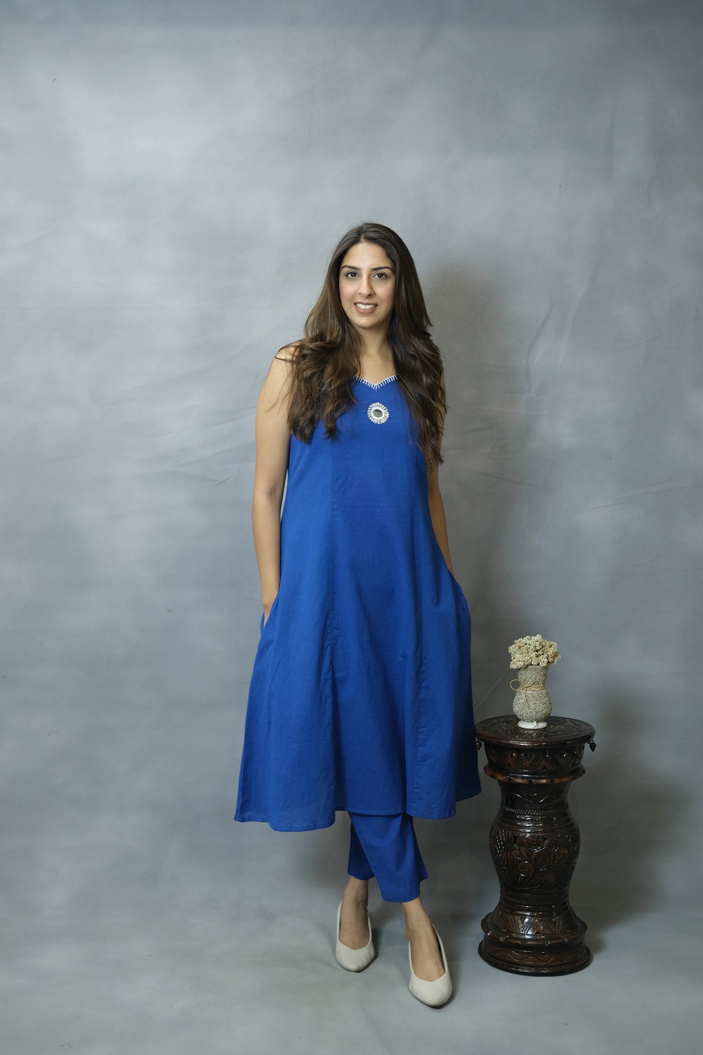 Blue Sleeveless Spaghetti Kurta Pant Set | Flex Cotton