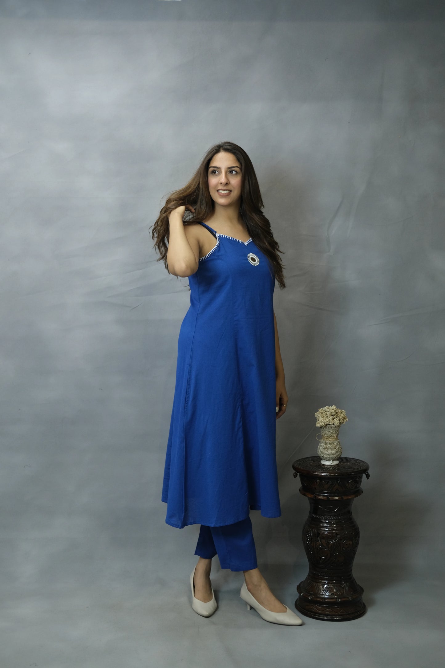 Blue Sleeveless Spaghetti Kurta Pant Set | Flex Cotton