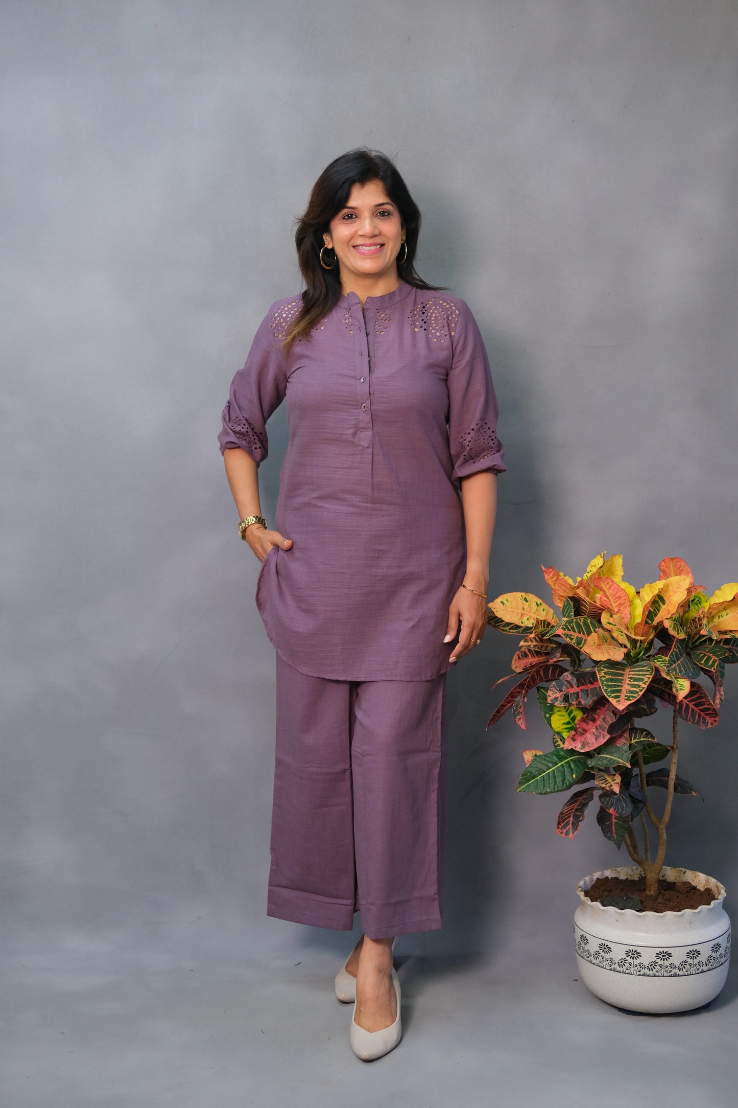 Purple Co-ord Set with Cut Work – Khadi Cotton Elegance for Modern Ethnic Style