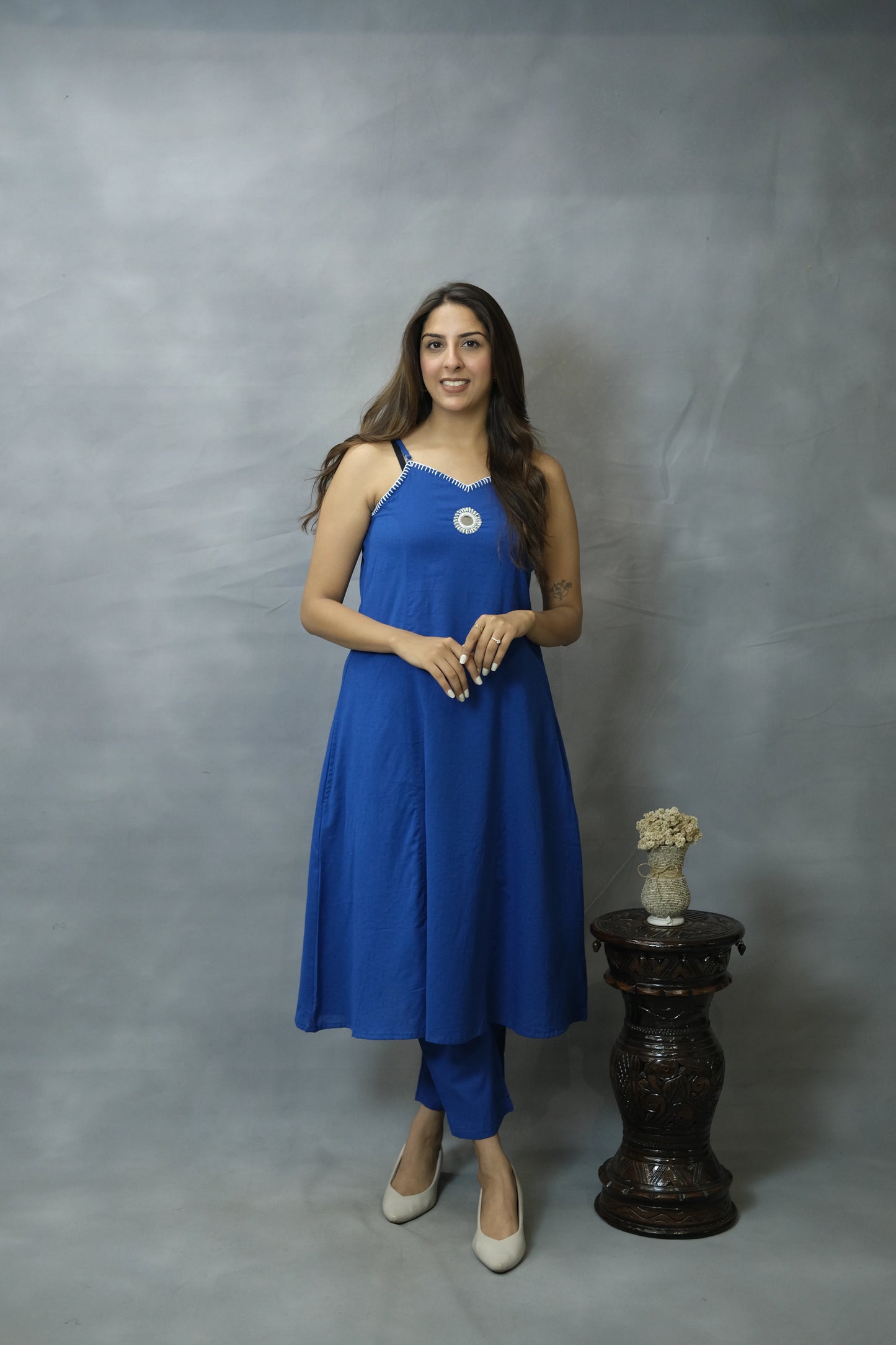 Blue Sleeveless Spaghetti Kurta Pant Set | Flex Cotton