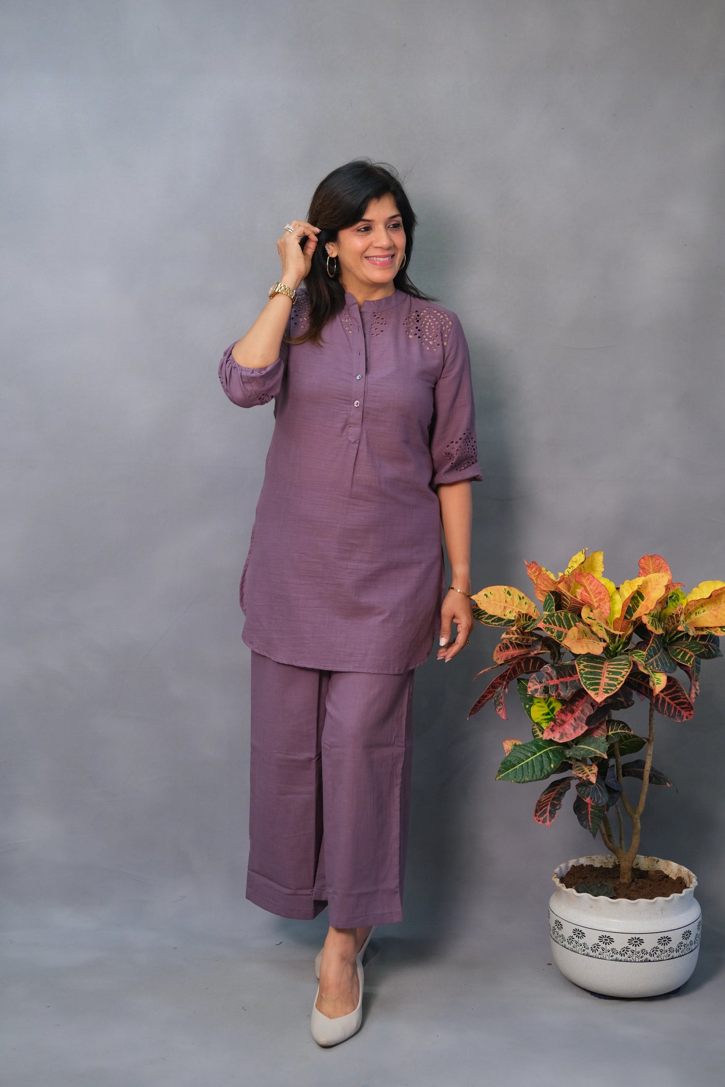 Purple Co-ord Set with Cut Work – Khadi Cotton Elegance for Modern Ethnic Style