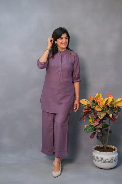 Purple Co-ord Set with Cut Work – Khadi Cotton Elegance for Modern Ethnic Style