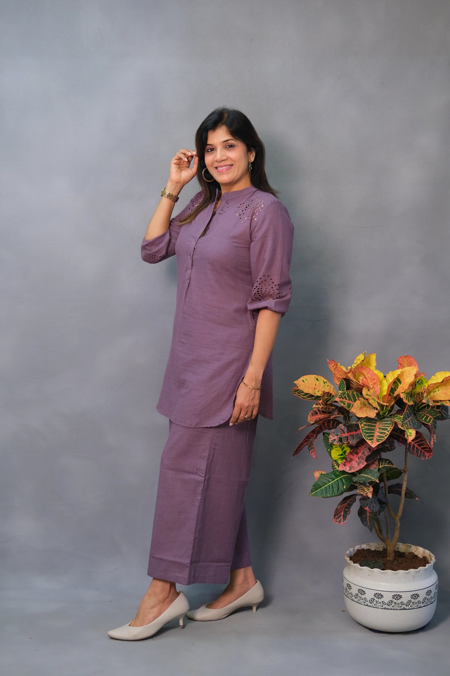 Purple Co-ord Set with Cut Work – Khadi Cotton Elegance for Modern Ethnic Style