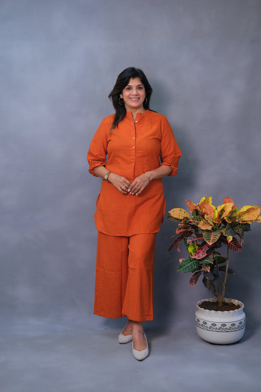 Rust Co-ord Set with Chikan Work – Khadi Cotton Elegance for Modern Women