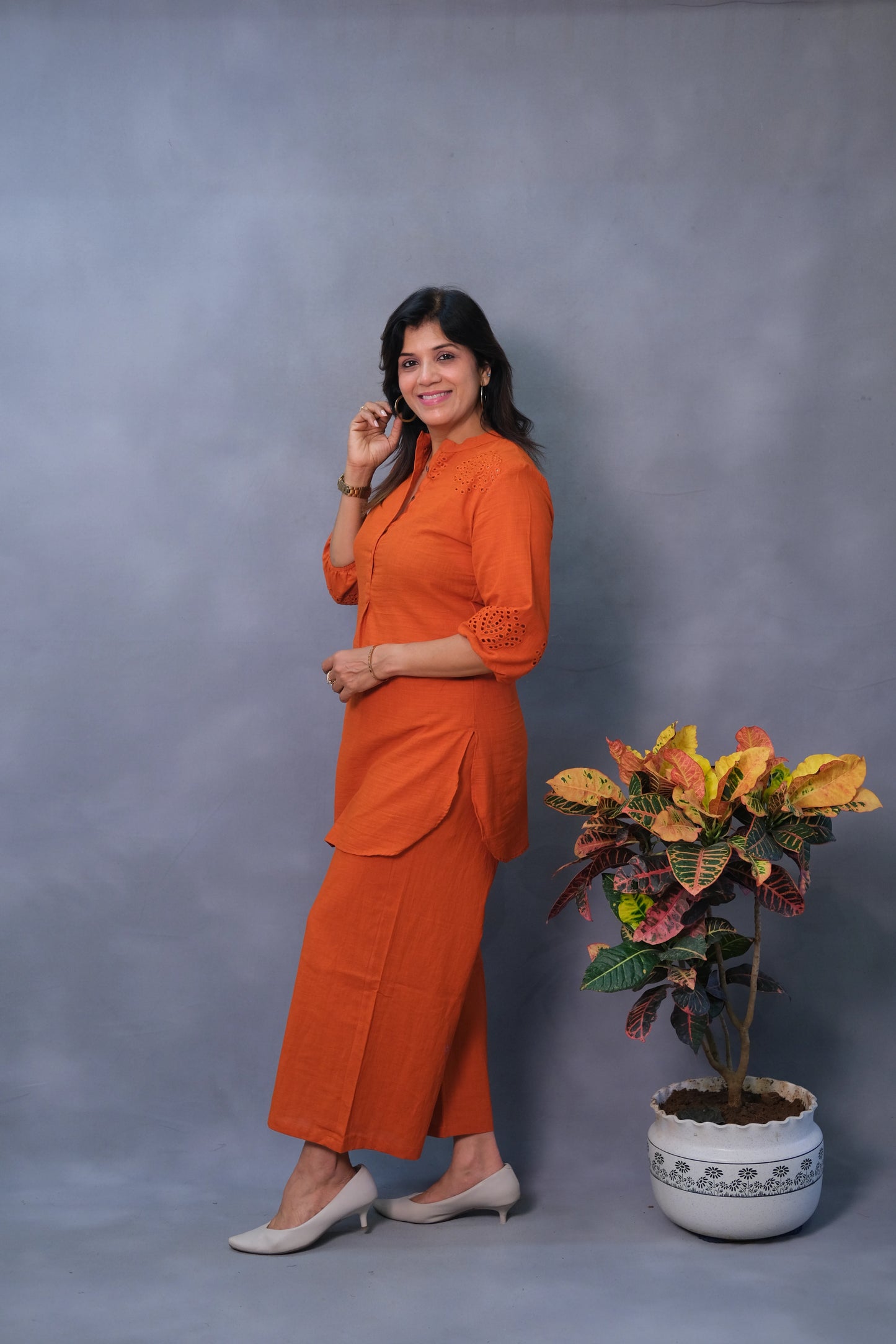 Rust Co-ord Set with Chikan Work – Khadi Cotton Elegance for Modern Women