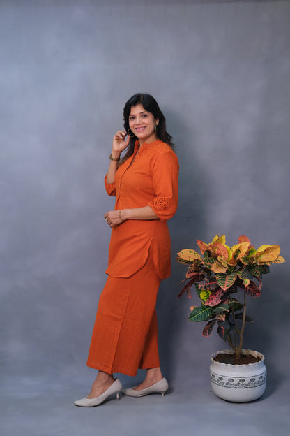 Rust Co-ord Set with Chikan Work – Khadi Cotton Elegance for Modern Women