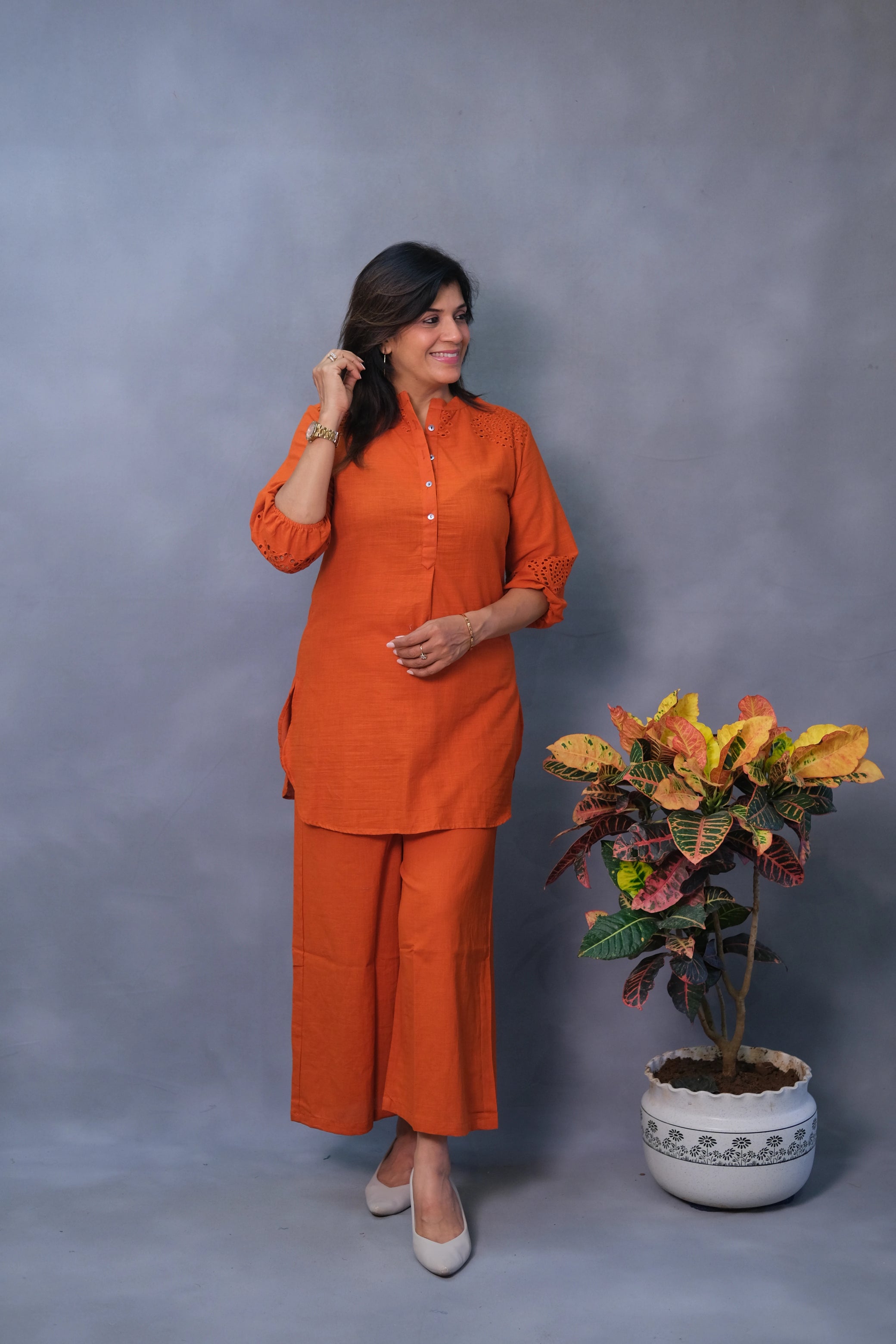 Rust Co-ord Set with Chikan Work – Khadi Cotton Elegance for Modern Women