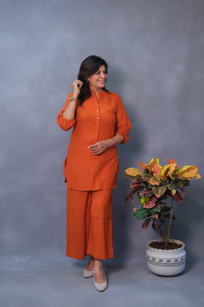 Rust Co-ord Set with Chikan Work – Khadi Cotton Elegance for Modern Women
