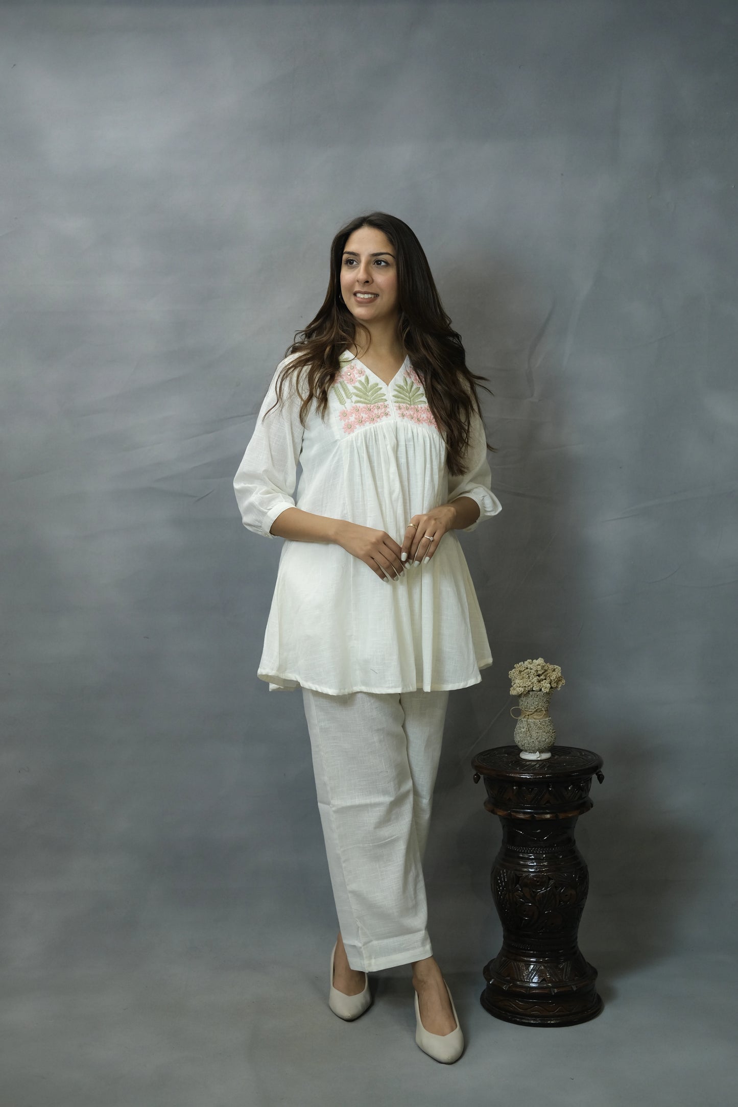 White Embroidered Co-ord Set | Flex Cotton | Elegant Everyday Wear