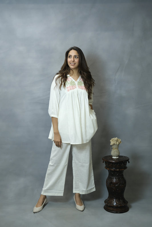 White Embroidered Co-ord Set | Flex Cotton | Elegant Everyday Wear