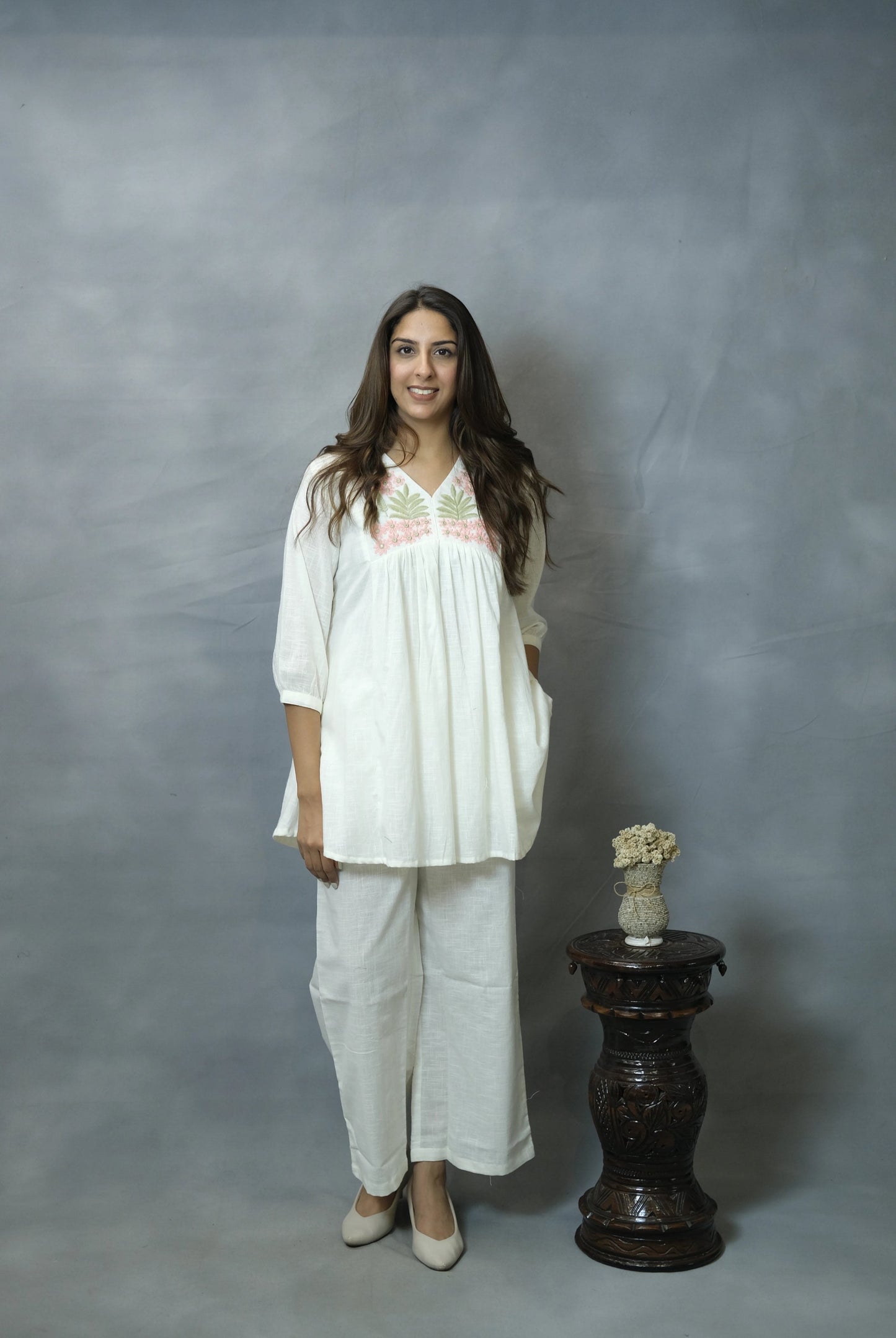 White Embroidered Co-ord Set | Flex Cotton | Elegant Everyday Wear