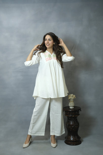 White Embroidered Co-ord Set | Flex Cotton | Elegant Everyday Wear