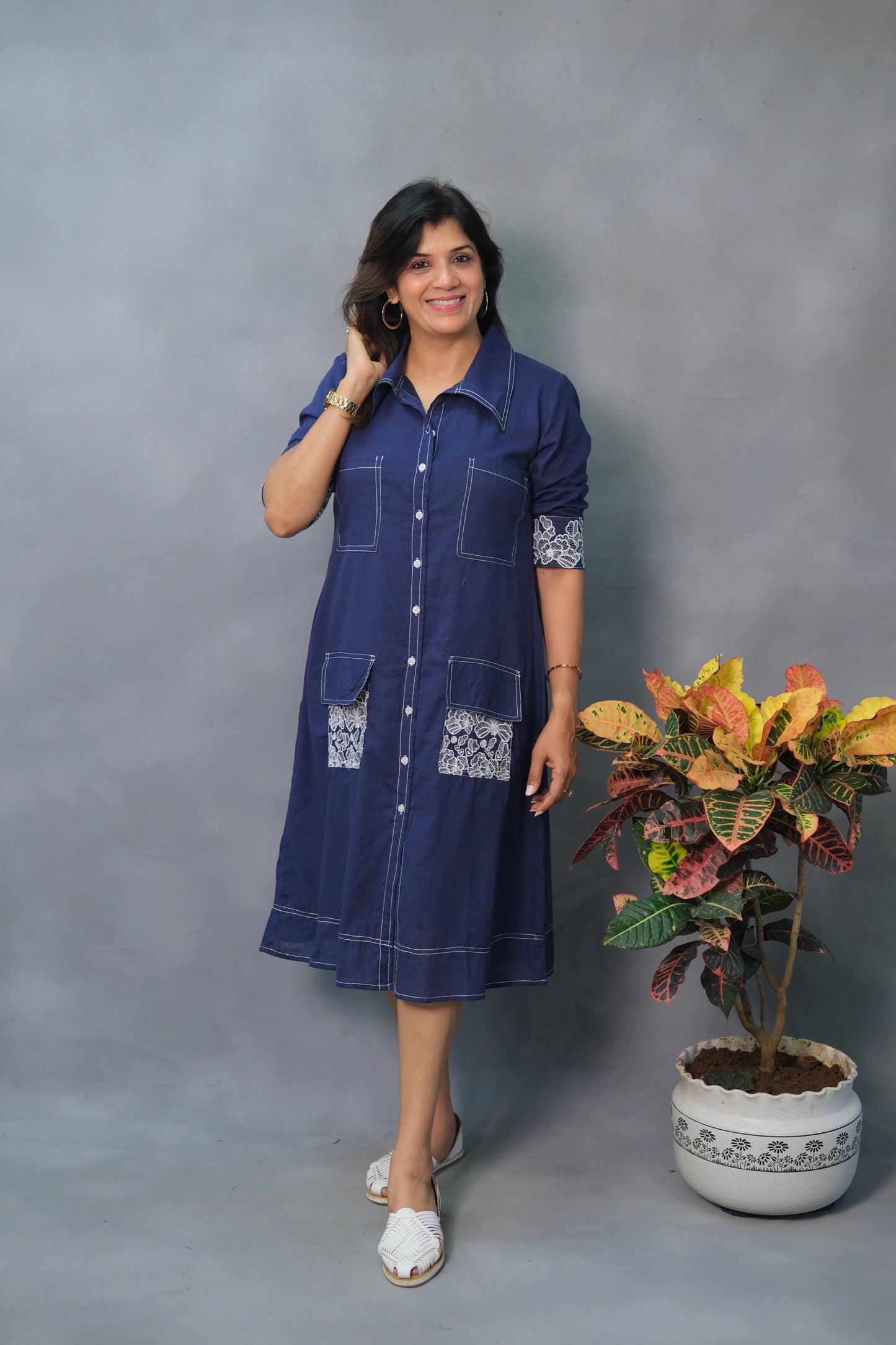 Denim Blue One Piece – Embroidered Cotton Dress for Effortless Everyday Elegance