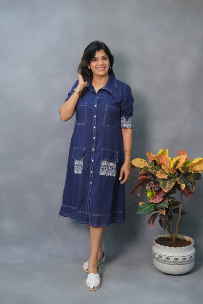 Denim Blue One Piece – Embroidered Cotton Dress for Effortless Everyday Elegance