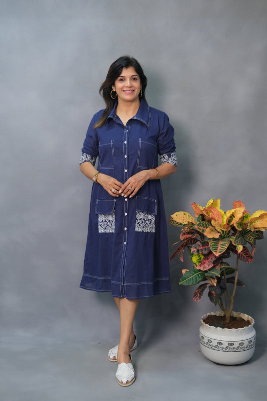 Denim Blue One Piece – Embroidered Cotton Dress for Effortless Everyday Elegance