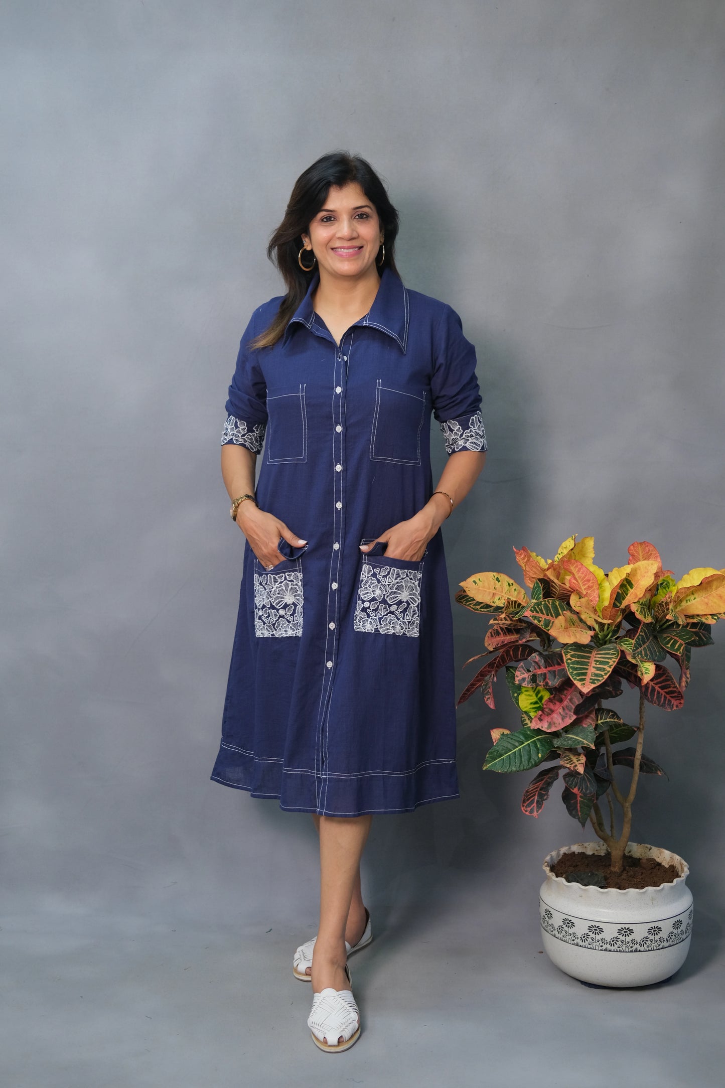 Denim Blue One Piece – Embroidered Cotton Dress for Effortless Everyday Elegance