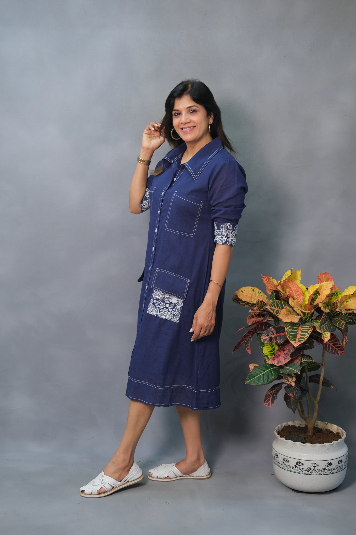 Denim Blue One Piece – Embroidered Cotton Dress for Effortless Everyday Elegance