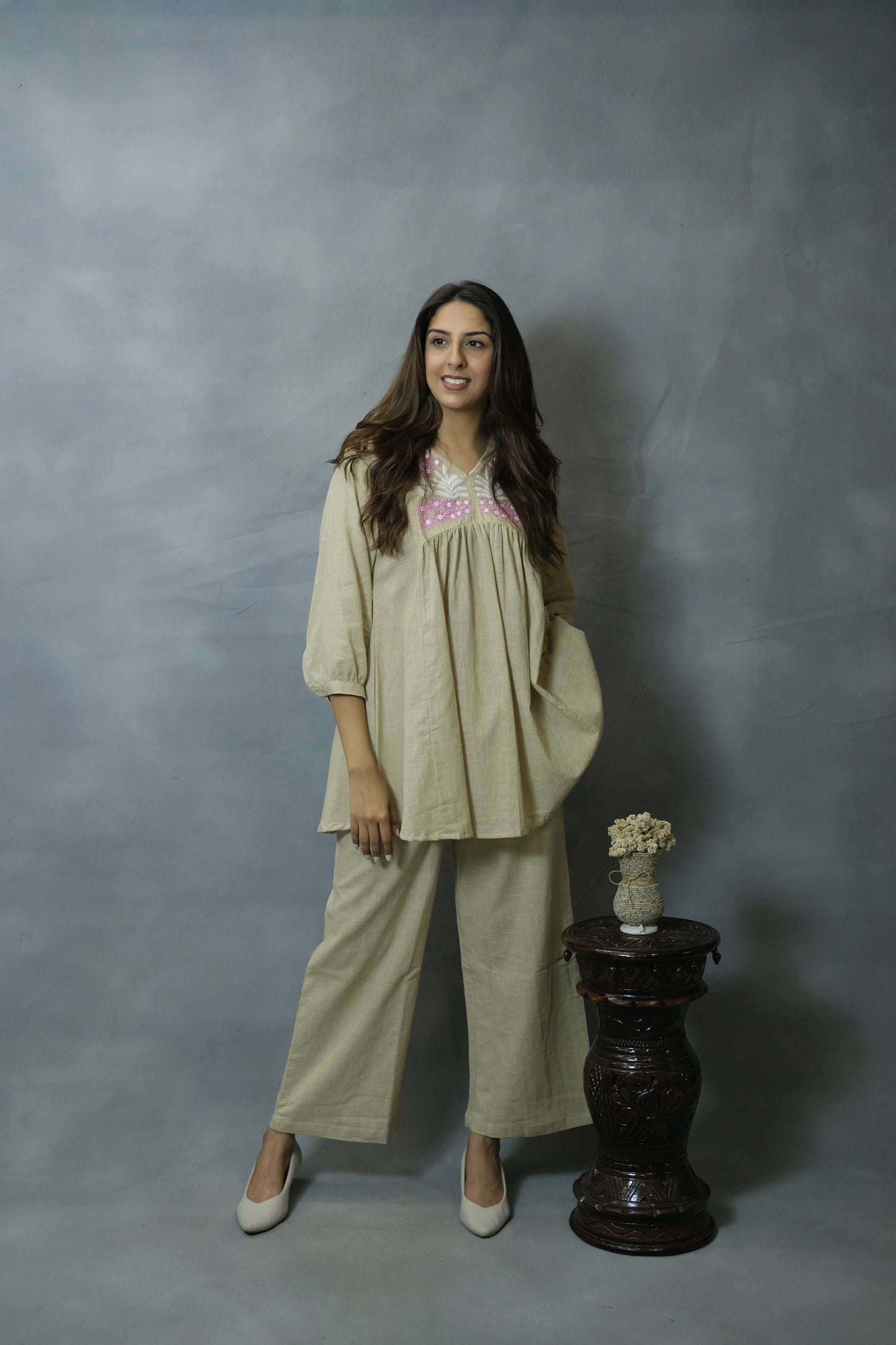 Beige Embroidered Co-ord Set | Flex Cotton | Elegant Everyday Wear