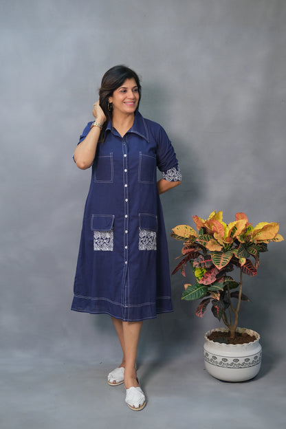 Denim Blue One Piece – Embroidered Cotton Dress for Effortless Everyday Elegance