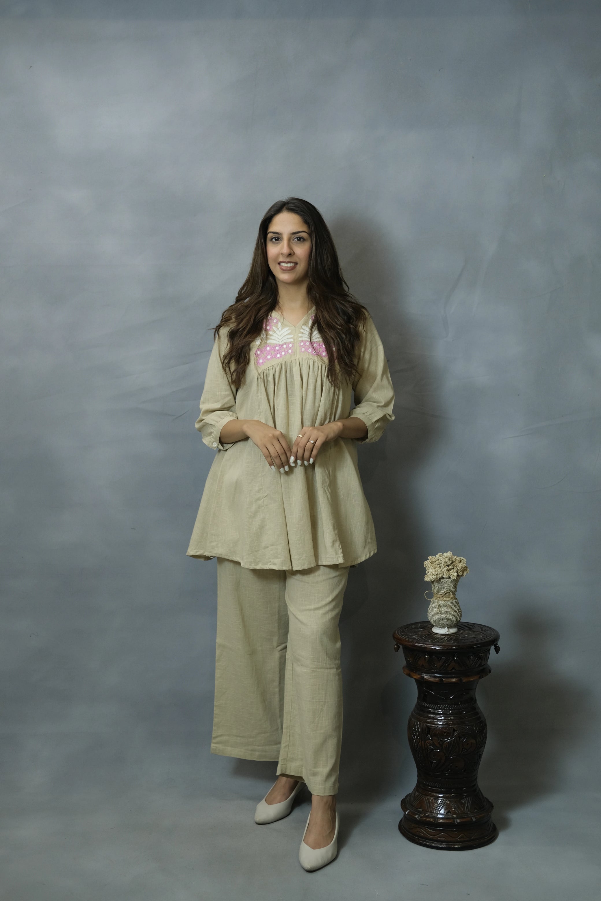 Beige Embroidered Co-ord Set | Flex Cotton | Elegant Everyday Wear