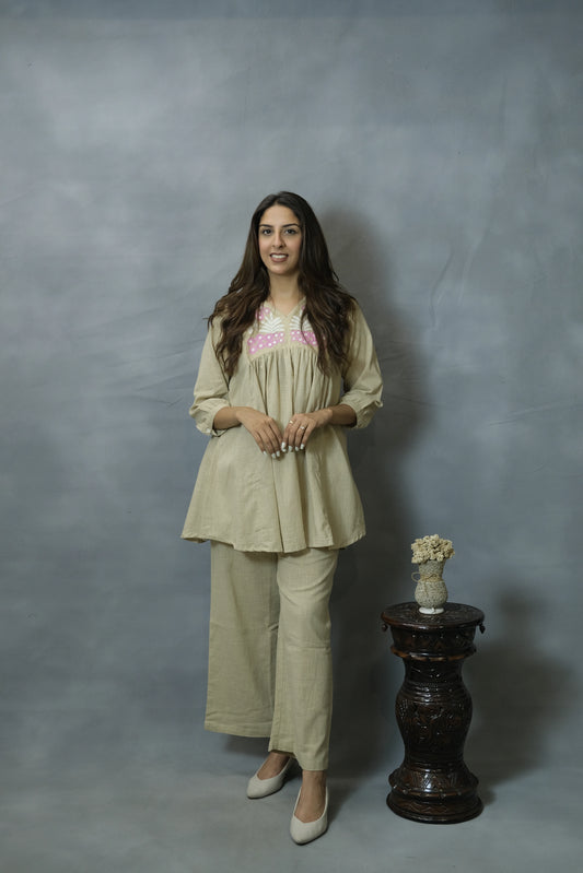 Beige Embroidered Co-ord Set | Flex Cotton | Elegant Everyday Wear