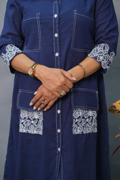 Denim Blue One Piece – Embroidered Cotton Dress for Effortless Everyday Elegance