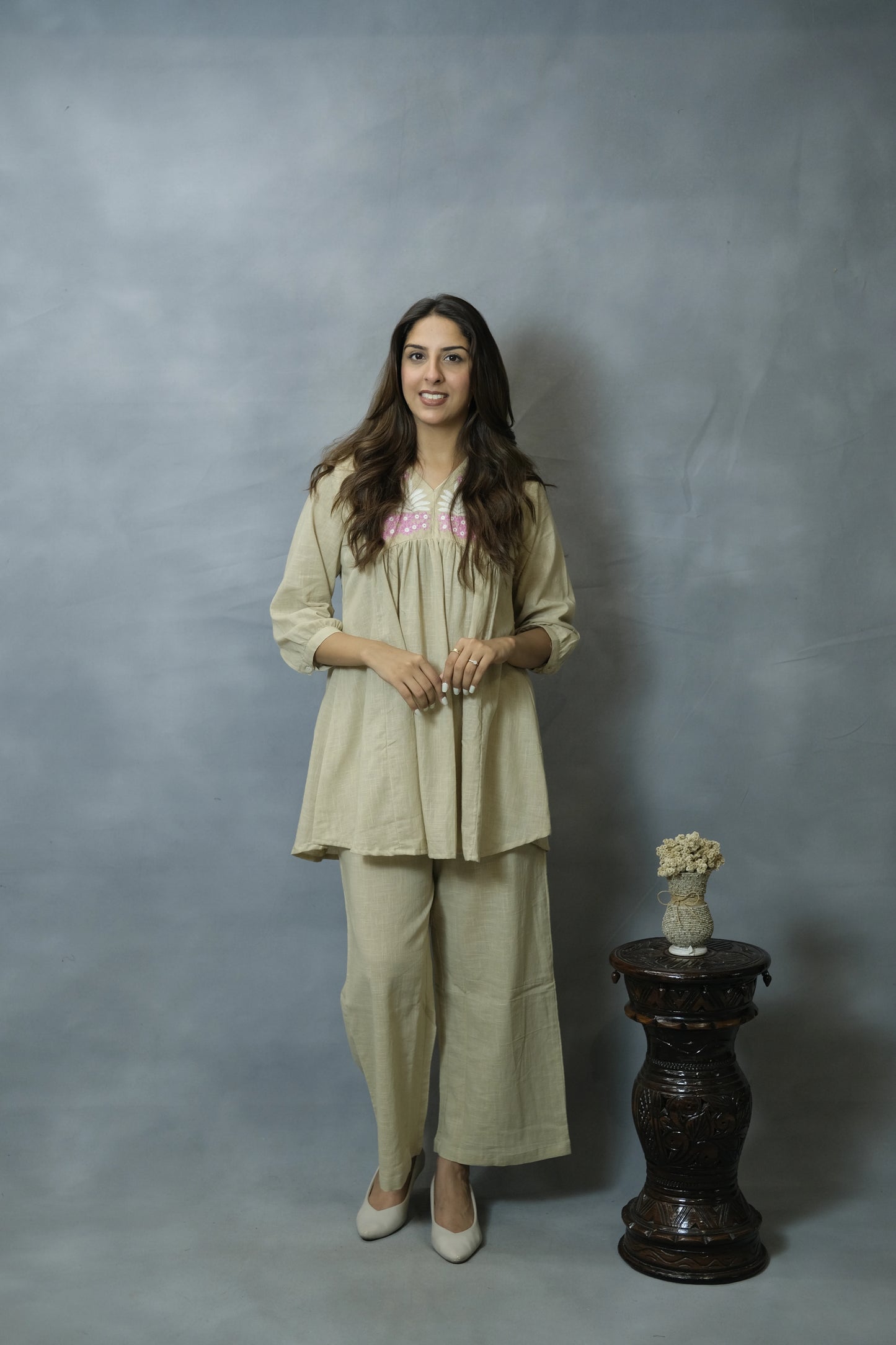 Beige Embroidered Co-ord Set | Flex Cotton | Elegant Everyday Wear